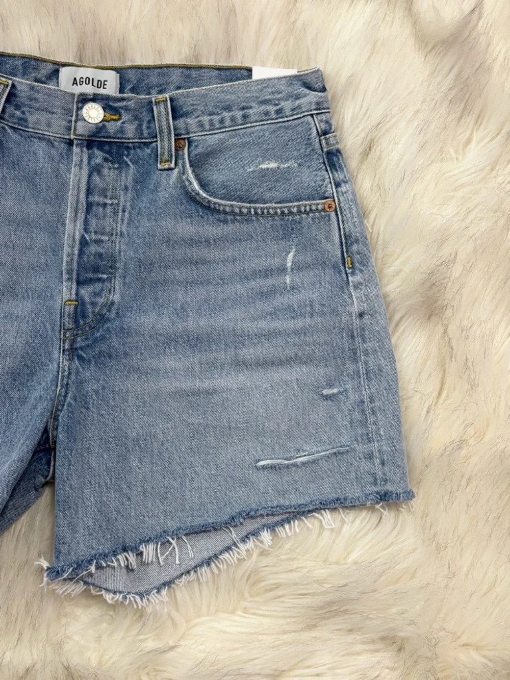 NWT Agolde Parker Long Swapmeet Light Blue Distressed Denim Cutoff Shorts SZ 27 - Picture 10 of 16